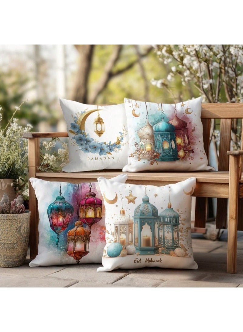 4 قطع طقم أغطية وسادة تزيينية لشهر رمضان الكريم والعيد، بتصميم مائي بسيط للقمر والفوانيس، من قماش الفلوت الناعم بألوان ساحرة، مقاس 45*45 سم، مناسبة للغرفة والأريكة وغرفة المعيشة وديكور رمضان والعيد - Image 4